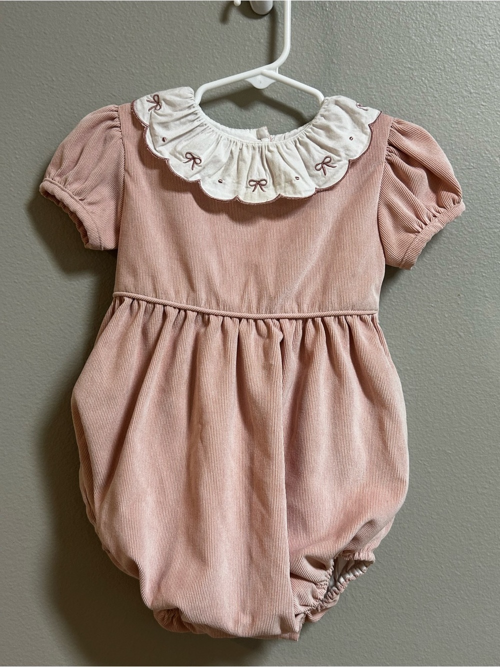 Sal & Pimenta Pink Corduroy Bubble Romper Embroidered Bow Collar Size 2T